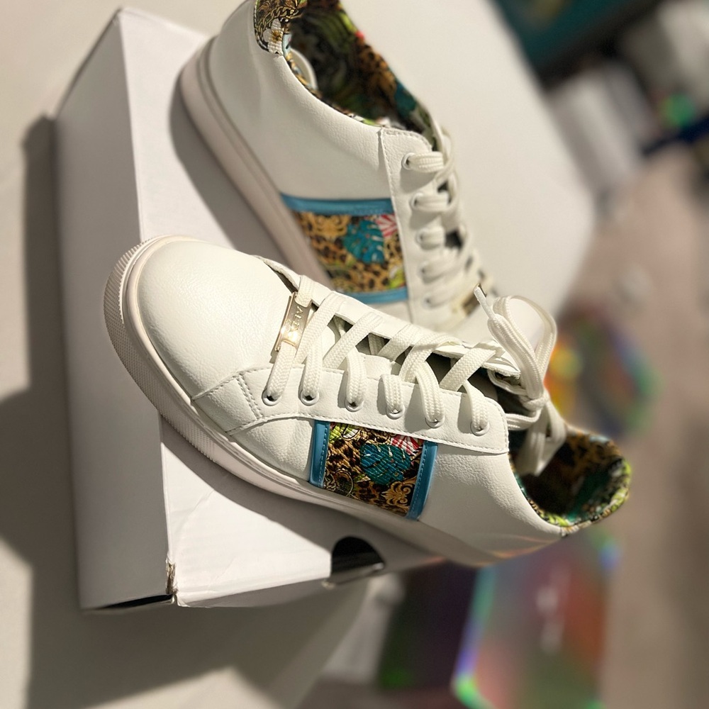 Stylish White Sneakers with Animal Print and  Colorful Accents